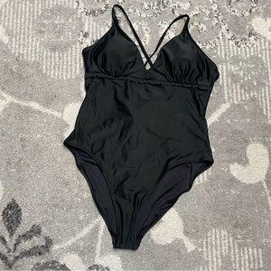 NWT Old Navy Black V-Neck Ruffle Trim Cutout One Piece Swimsuit